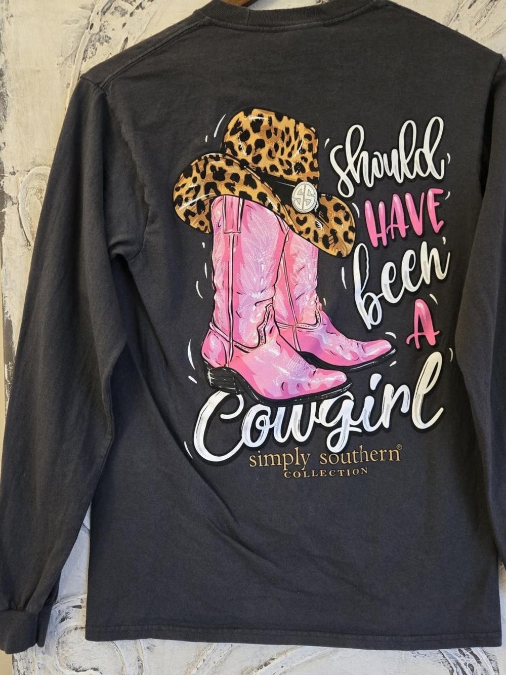 Simply Southern Black Long-Sleeve Tee with Pink Boots & Leopard Hat